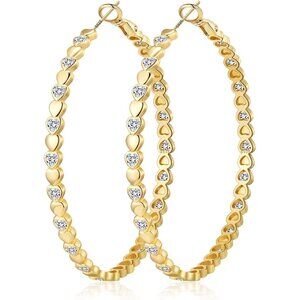 14k Gold Plated 50mm Heart Cubic Zirconia Rhinestone Hoop Earring for Women